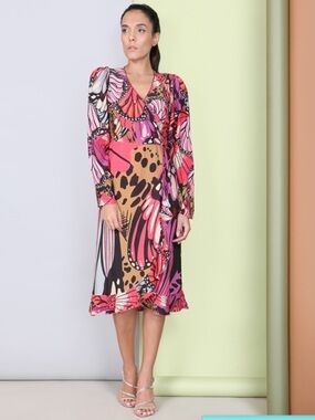 Pink Multi-Print V-Neck Midi Dress